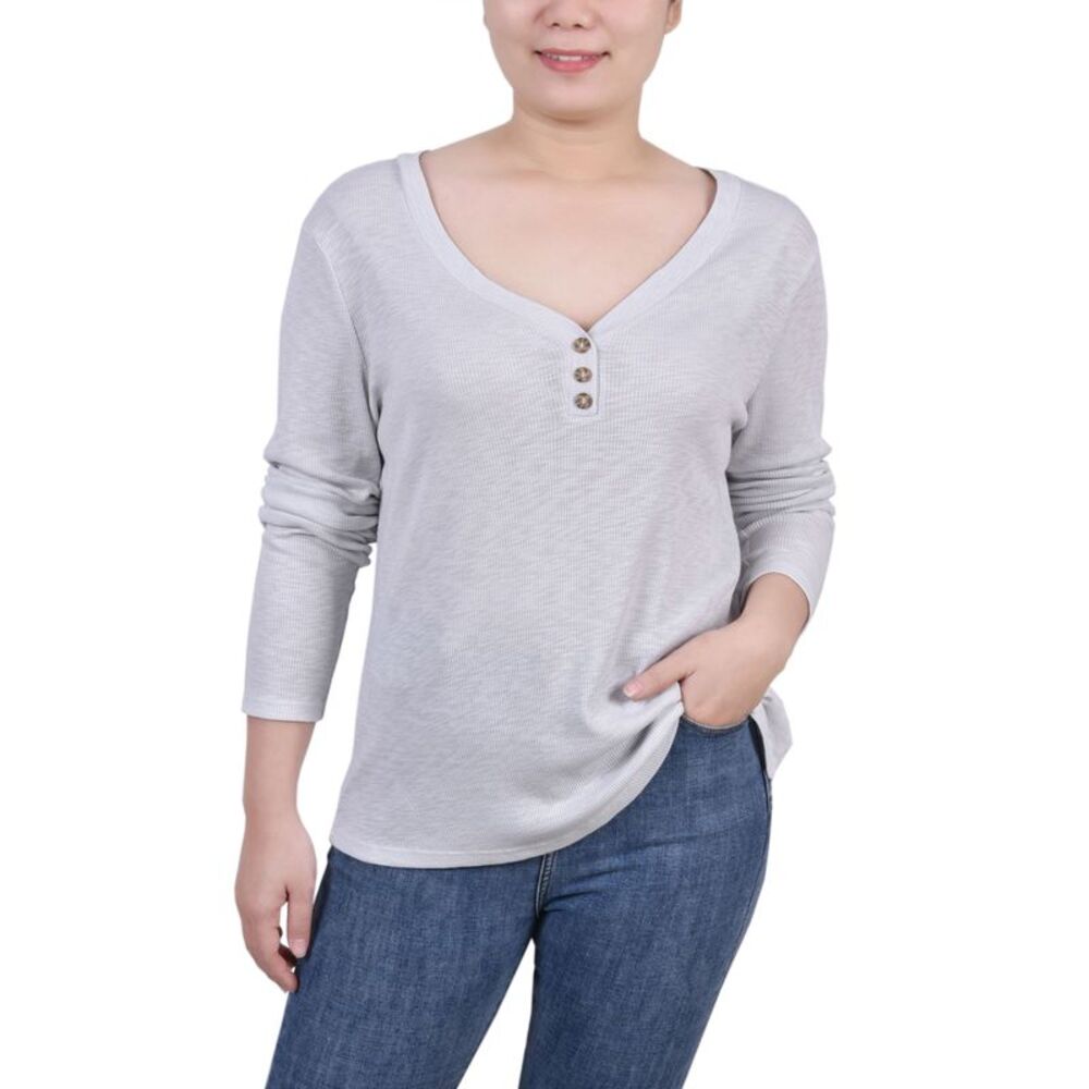 NY Collection Petite Long Sleeve Ribbed Henley Top